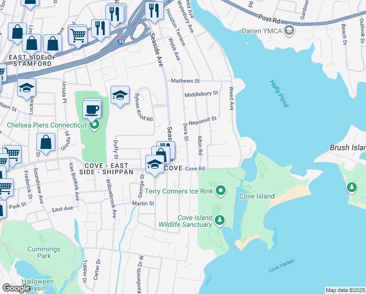 map of restaurants, bars, coffee shops, grocery stores, and more near 39 Dora Street in Stamford