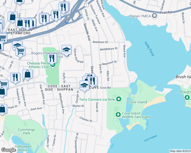 map of restaurants, bars, coffee shops, grocery stores, and more near 246 Seaside Avenue in Stamford