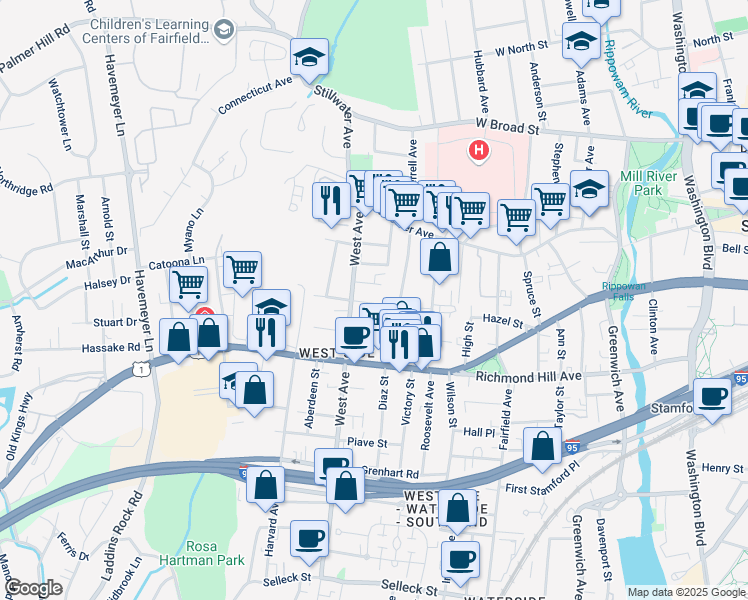 map of restaurants, bars, coffee shops, grocery stores, and more near 14 Moore Street in Stamford