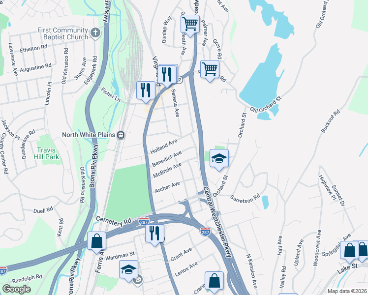 map of restaurants, bars, coffee shops, grocery stores, and more near 38 Benedict Avenue in White Plains