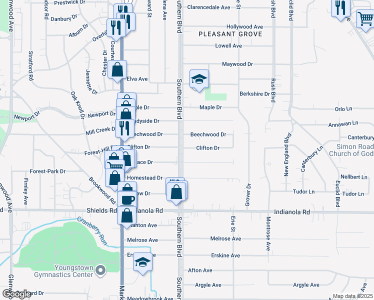 map of restaurants, bars, coffee shops, grocery stores, and more near 120 Clifton Drive in Youngstown