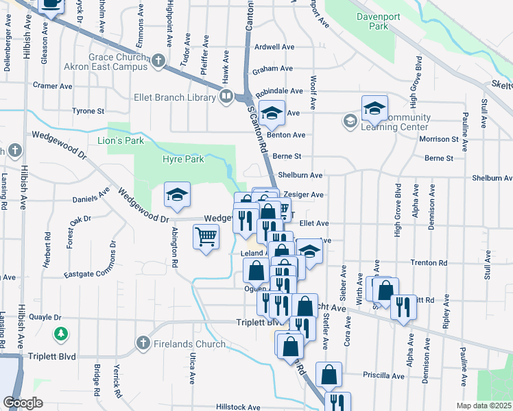 map of restaurants, bars, coffee shops, grocery stores, and more near 2525 Wedgewood Drive in Akron