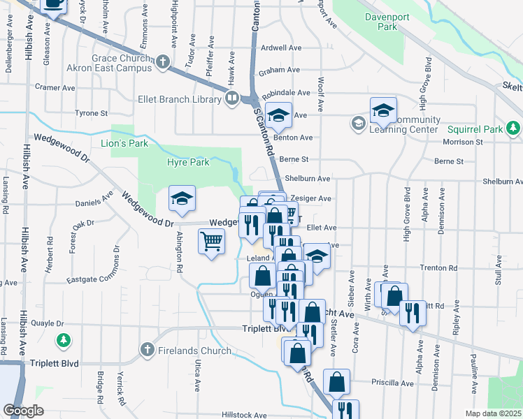 map of restaurants, bars, coffee shops, grocery stores, and more near 2525 Wedgewood Drive in Akron