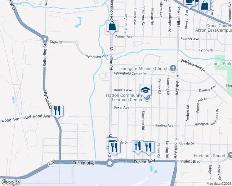 map of restaurants, bars, coffee shops, grocery stores, and more near 386 Baldwin Road in Akron
