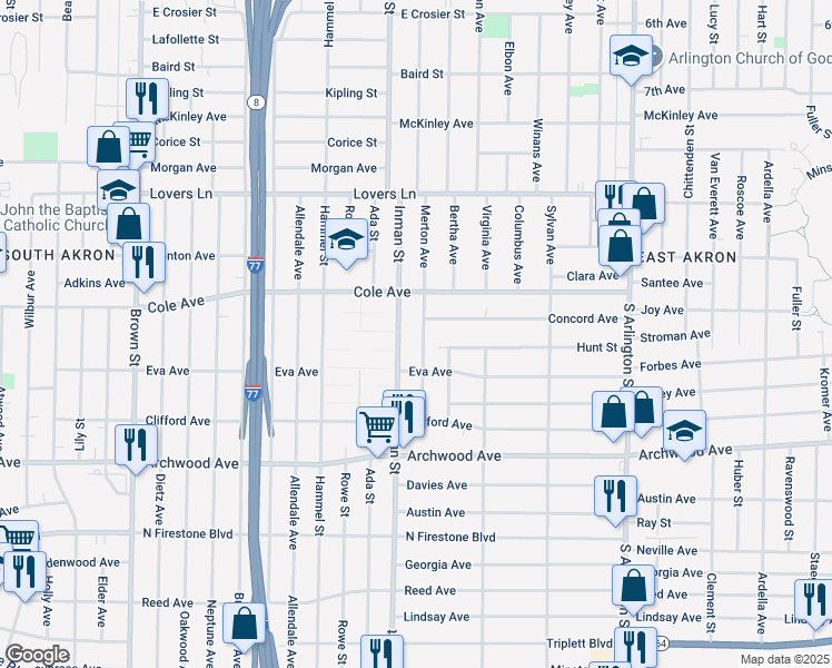 map of restaurants, bars, coffee shops, grocery stores, and more near 1021 Inman Street in Akron