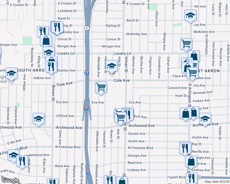 map of restaurants, bars, coffee shops, grocery stores, and more near 744 Colette Drive in Akron