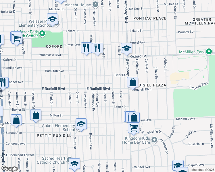 map of restaurants, bars, coffee shops, grocery stores, and more near 1529 East Rudisill Boulevard in Fort Wayne