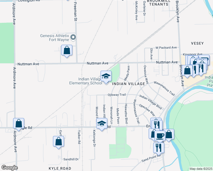 map of restaurants, bars, coffee shops, grocery stores, and more near 3700-3898 Wenonah Lane in Fort Wayne