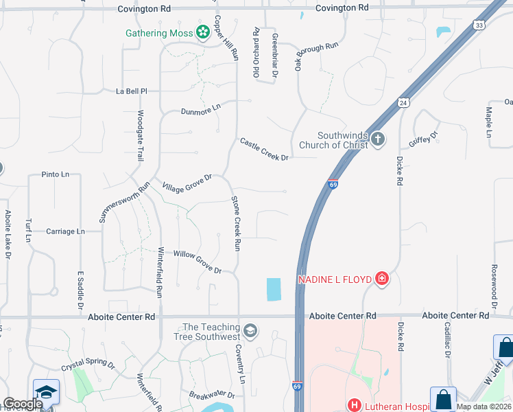 map of restaurants, bars, coffee shops, grocery stores, and more near 8609 Creekside Place in Fort Wayne