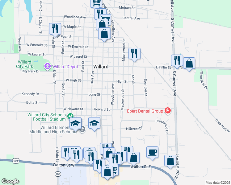 map of restaurants, bars, coffee shops, grocery stores, and more near 630 Maplewood Street in Willard