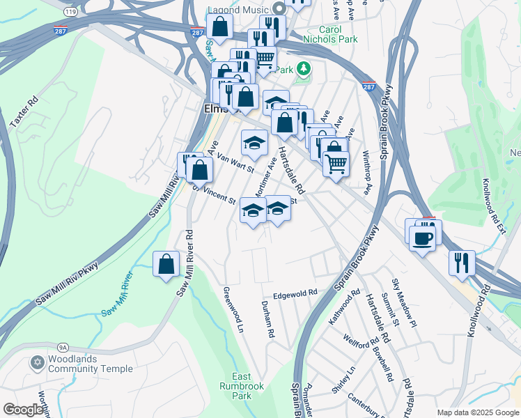 map of restaurants, bars, coffee shops, grocery stores, and more near 145 Vincent Street in Elmsford