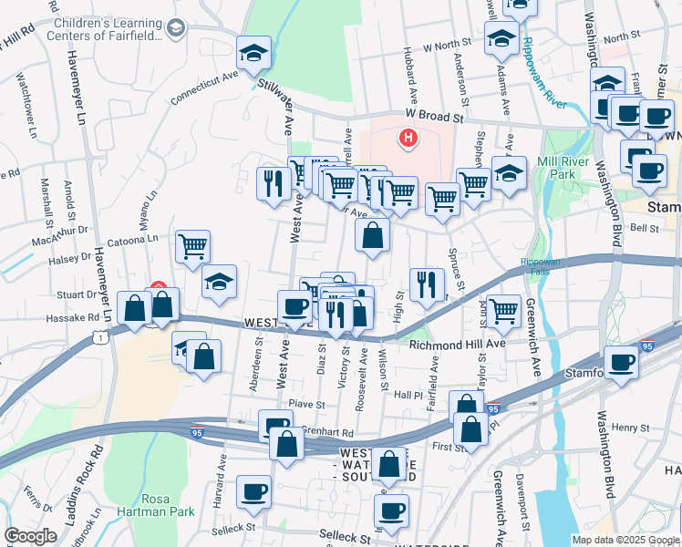 map of restaurants, bars, coffee shops, grocery stores, and more near 61 Virgil Street in Stamford
