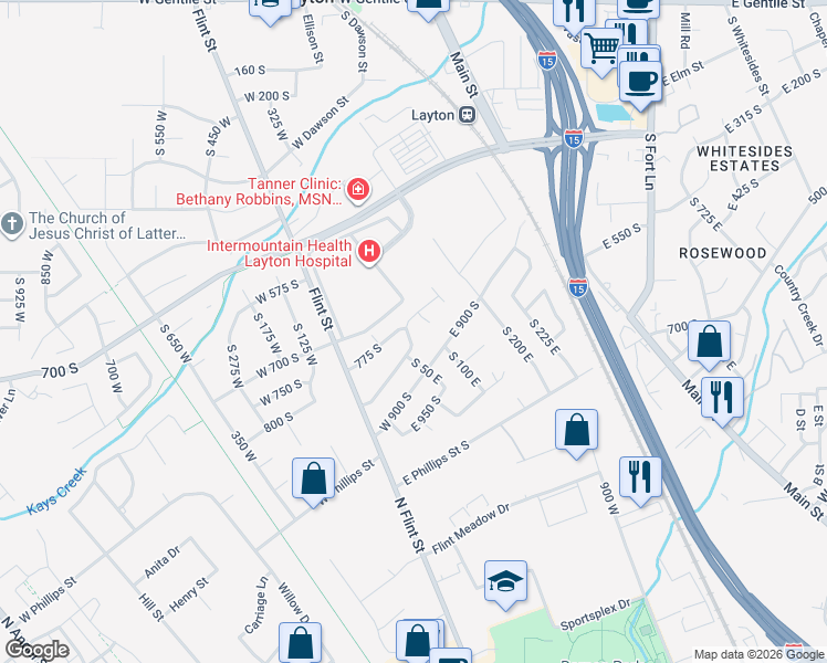 map of restaurants, bars, coffee shops, grocery stores, and more near 80 E 850 S in Layton