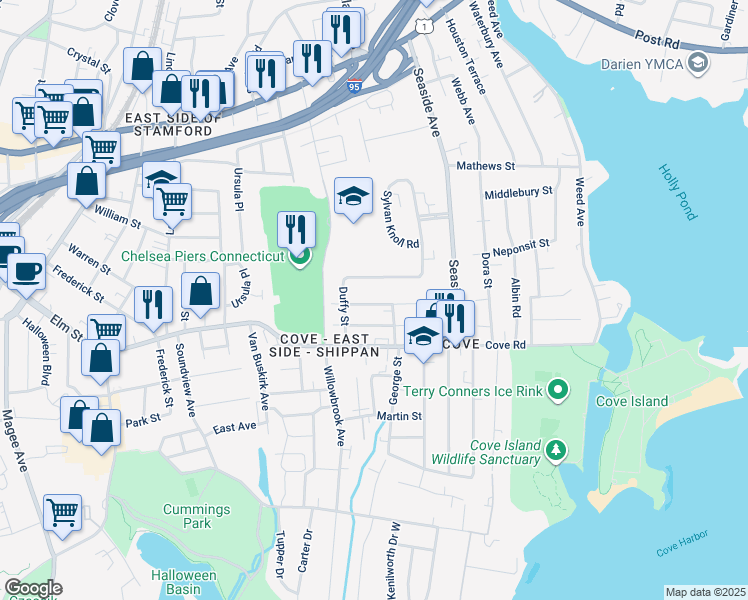 map of restaurants, bars, coffee shops, grocery stores, and more near 60 Palmer Avenue in Stamford
