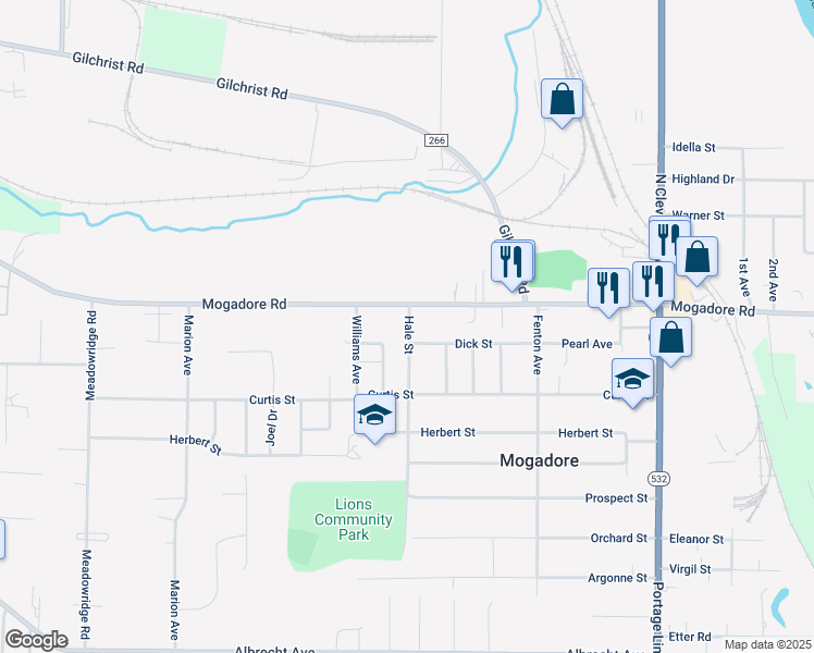 map of restaurants, bars, coffee shops, grocery stores, and more near 24 Hale Street in Mogadore