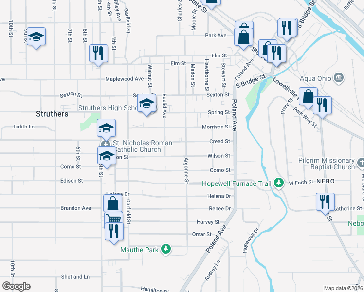 map of restaurants, bars, coffee shops, grocery stores, and more near 126 Creed Street in Struthers