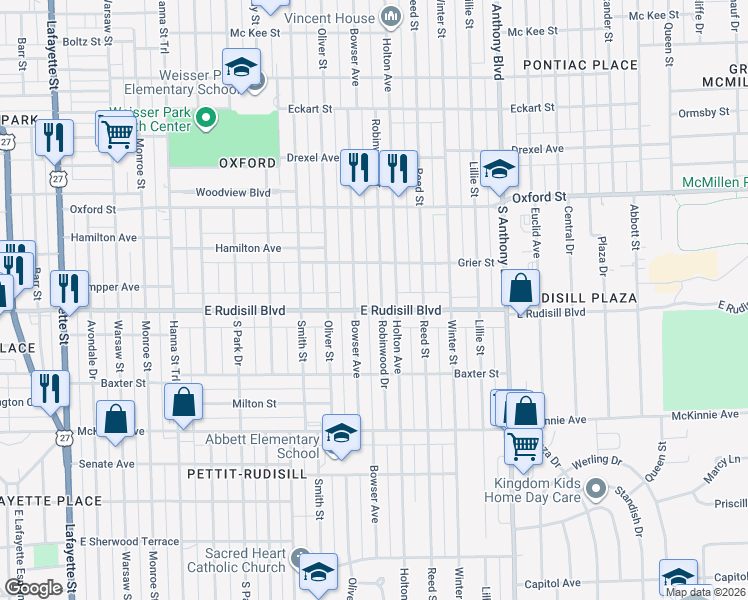 map of restaurants, bars, coffee shops, grocery stores, and more near 3818 Robinwood Drive in Fort Wayne