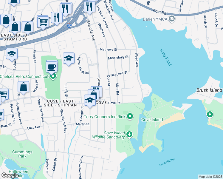 map of restaurants, bars, coffee shops, grocery stores, and more near 39 Dora Street in Stamford