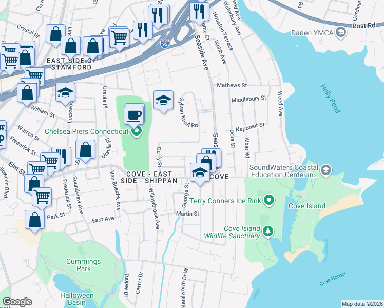 map of restaurants, bars, coffee shops, grocery stores, and more near 74 Palmer Avenue in Stamford