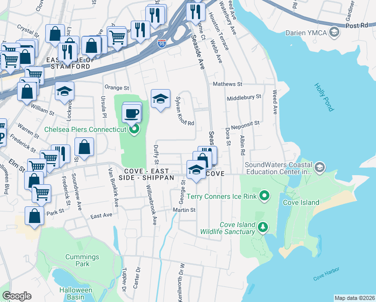 map of restaurants, bars, coffee shops, grocery stores, and more near 74 Palmer Avenue in Stamford