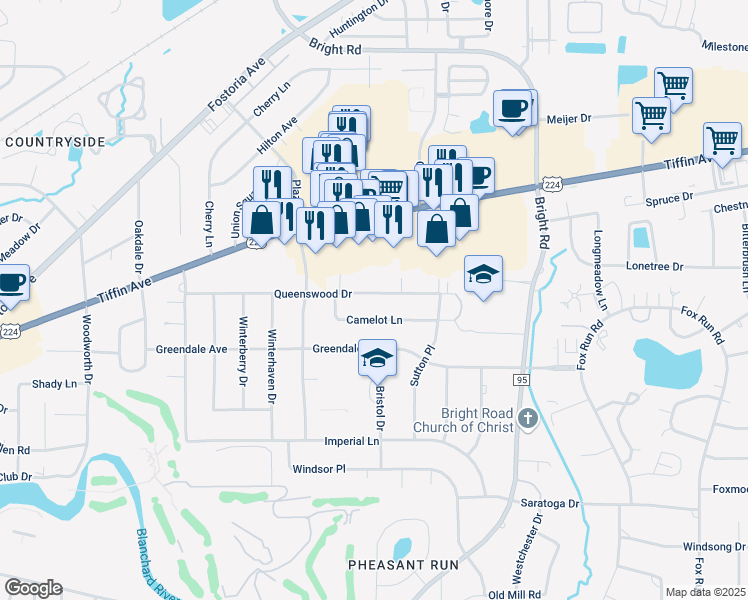 map of restaurants, bars, coffee shops, grocery stores, and more near 1825 Queenswood Drive in Findlay
