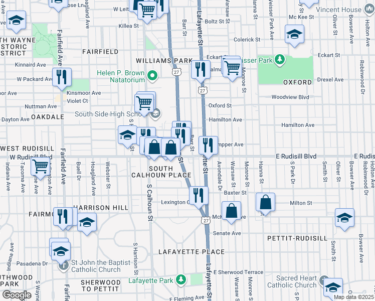map of restaurants, bars, coffee shops, grocery stores, and more near 249 East Rudisill Boulevard in Fort Wayne