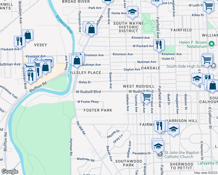 map of restaurants, bars, coffee shops, grocery stores, and more near 3822 Beaver Avenue in Fort Wayne