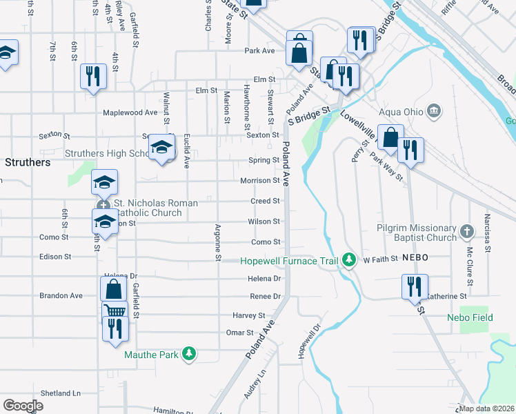 map of restaurants, bars, coffee shops, grocery stores, and more near 48 Creed Street in Struthers