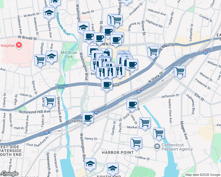 map of restaurants, bars, coffee shops, grocery stores, and more near 400 Atlantic Street in Stamford