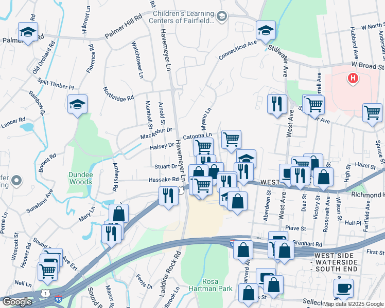 map of restaurants, bars, coffee shops, grocery stores, and more near 54 Whitmore Lane in Stamford