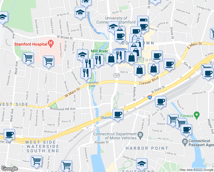 map of restaurants, bars, coffee shops, grocery stores, and more near 101 Tresser Boulevard in Stamford