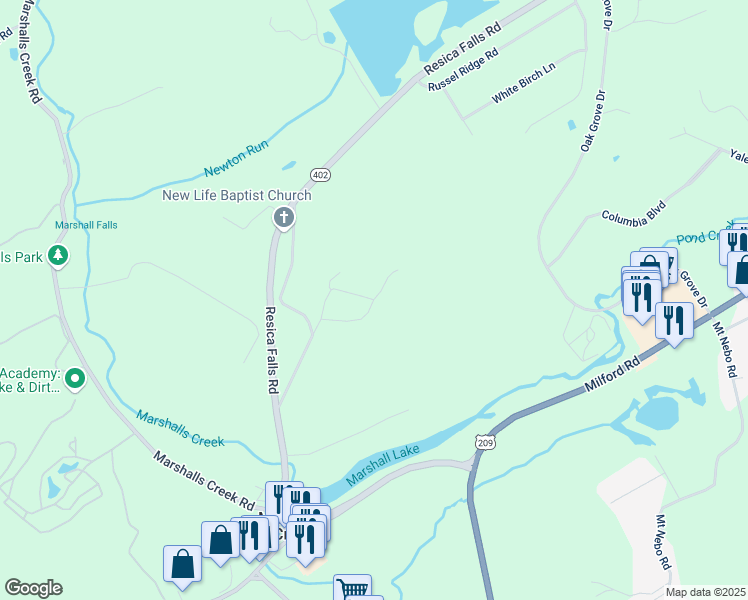 map of restaurants, bars, coffee shops, grocery stores, and more near Zinc Lane in East Stroudsburg