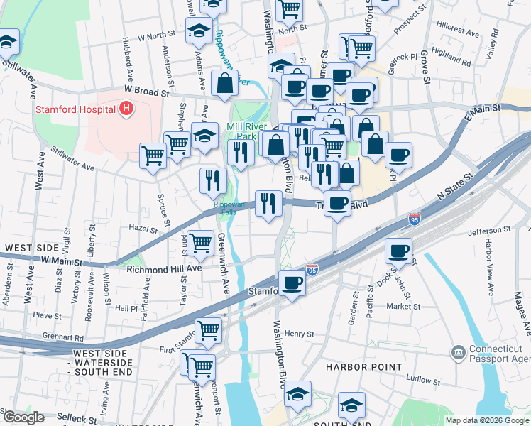 map of restaurants, bars, coffee shops, grocery stores, and more near 75 Tresser Boulevard in Stamford