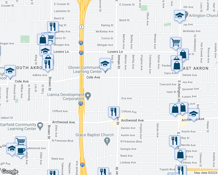 map of restaurants, bars, coffee shops, grocery stores, and more near 741 Colette Drive in Akron