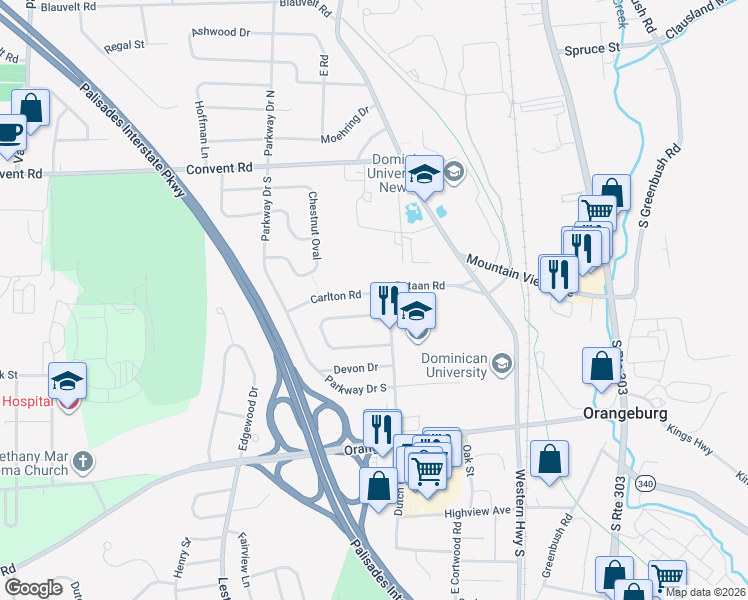 map of restaurants, bars, coffee shops, grocery stores, and more near 7 Carlton Road in Orangeburg