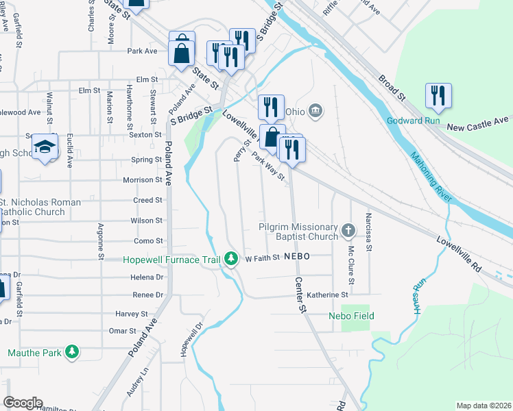 map of restaurants, bars, coffee shops, grocery stores, and more near 101 Ridgeway Street in Struthers
