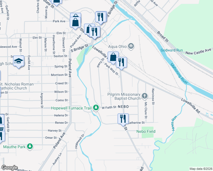 map of restaurants, bars, coffee shops, grocery stores, and more near 101 Ridgeway St in Struthers