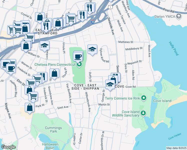 map of restaurants, bars, coffee shops, grocery stores, and more near 9 Palmer Avenue in Stamford