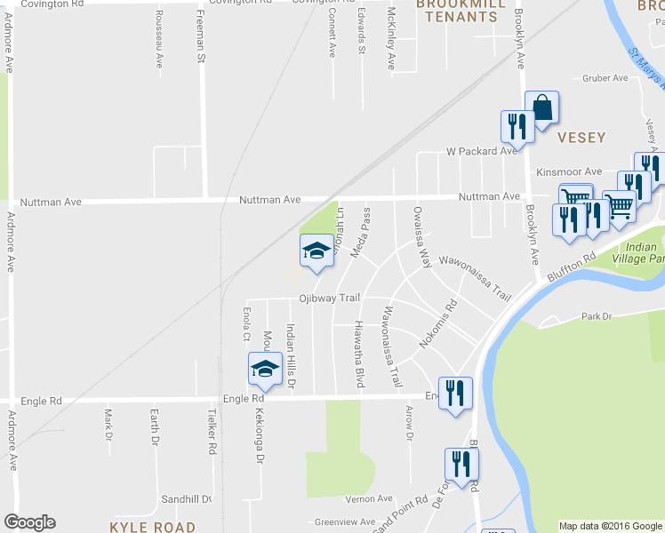map of restaurants, bars, coffee shops, grocery stores, and more near 3723 Wenonah Lane in Fort Wayne