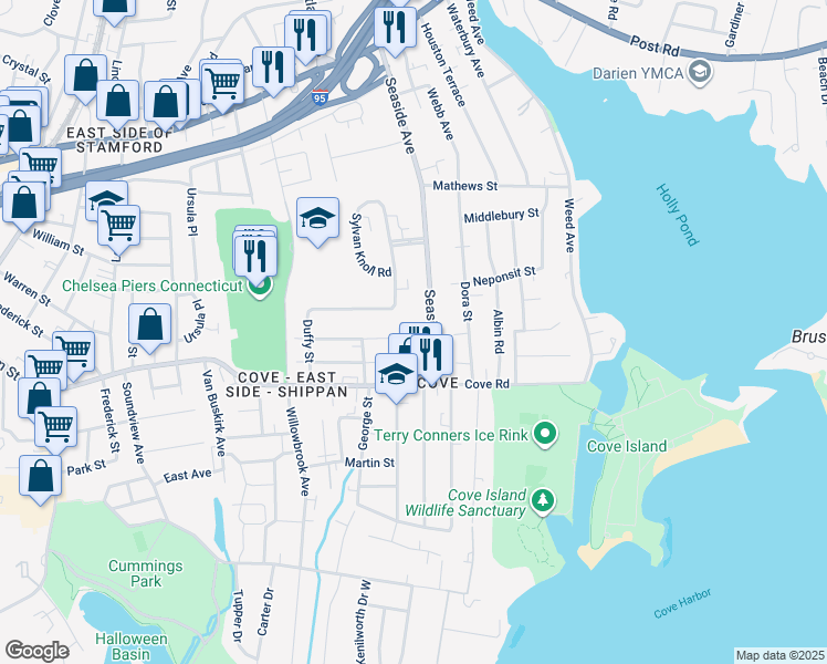 map of restaurants, bars, coffee shops, grocery stores, and more near 92 Palmer Avenue in Stamford