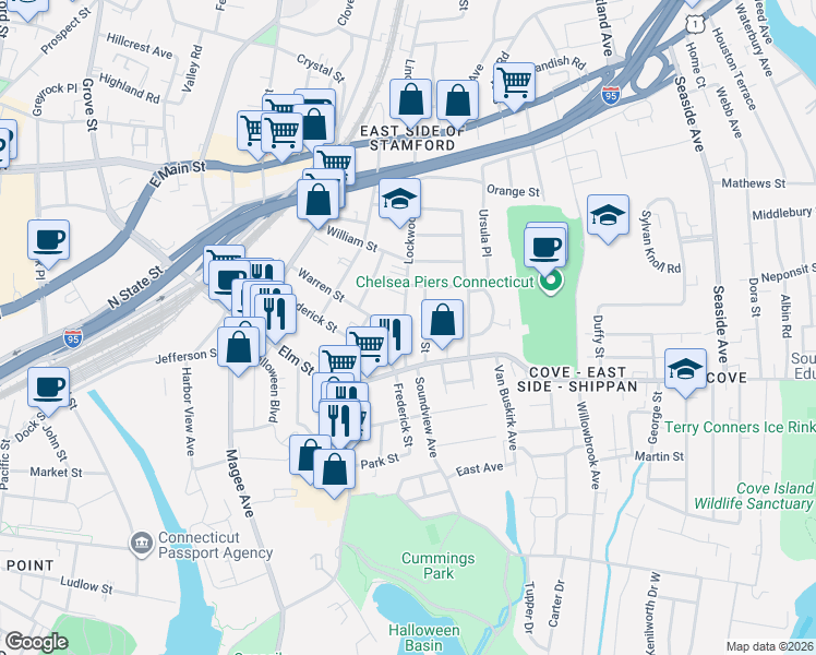 map of restaurants, bars, coffee shops, grocery stores, and more near 32 Leeds Street in Stamford