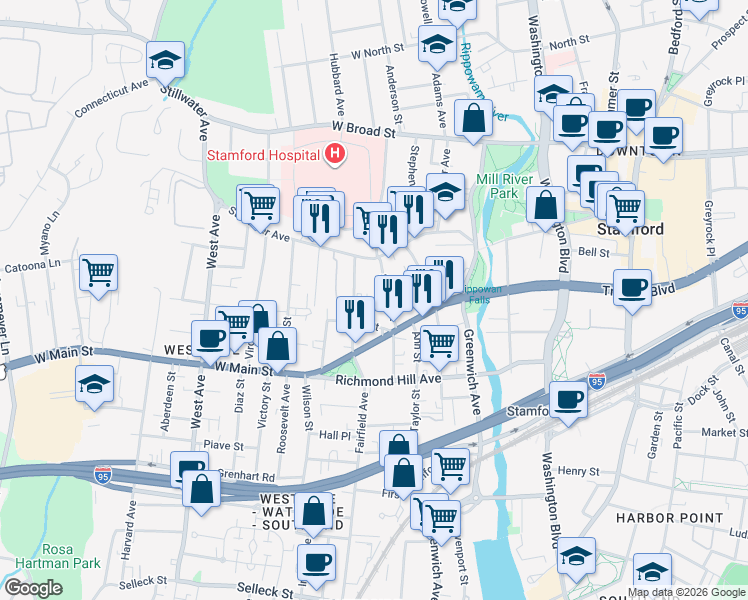 map of restaurants, bars, coffee shops, grocery stores, and more near 38 Fairfield Avenue in Stamford