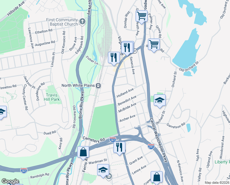 map of restaurants, bars, coffee shops, grocery stores, and more near 492 North Broadway in White Plains
