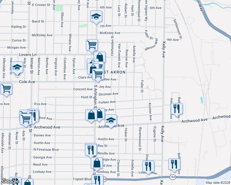 map of restaurants, bars, coffee shops, grocery stores, and more near 1061 Stroman Avenue in Akron