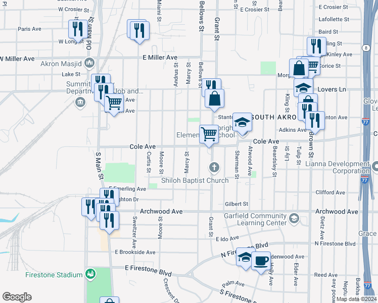 map of restaurants, bars, coffee shops, grocery stores, and more near 228 Cole Avenue in Akron