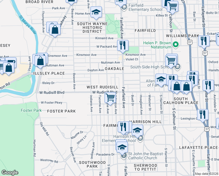 map of restaurants, bars, coffee shops, grocery stores, and more near 3814 Arlington Avenue in Fort Wayne
