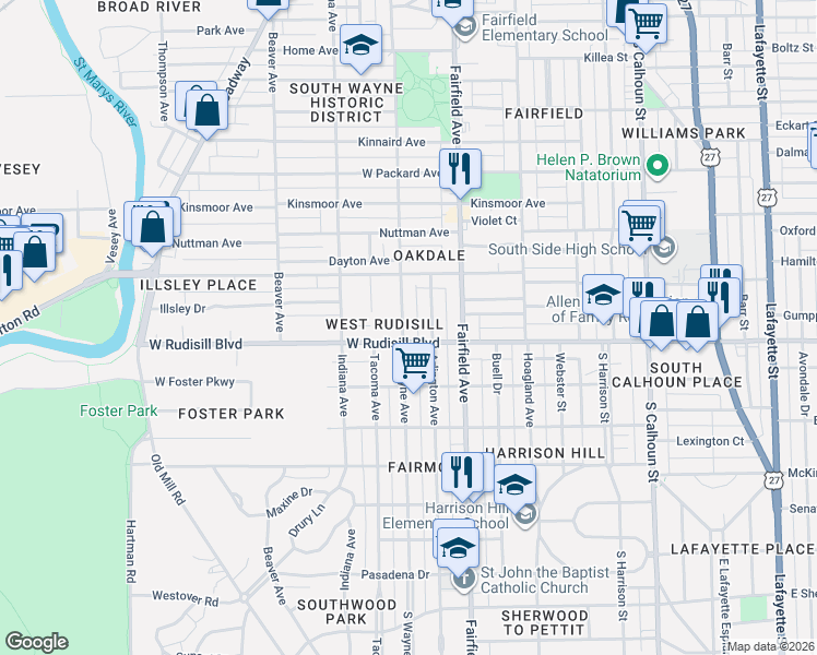map of restaurants, bars, coffee shops, grocery stores, and more near 3728 South Wayne Avenue in Fort Wayne