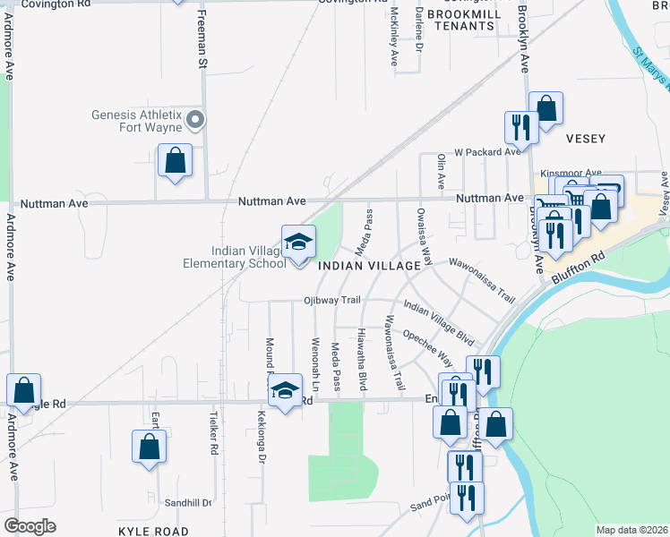 map of restaurants, bars, coffee shops, grocery stores, and more near 3723 Wenonah Ln in Fort Wayne