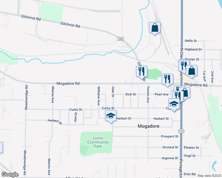 map of restaurants, bars, coffee shops, grocery stores, and more near 24 Hale Street in Mogadore