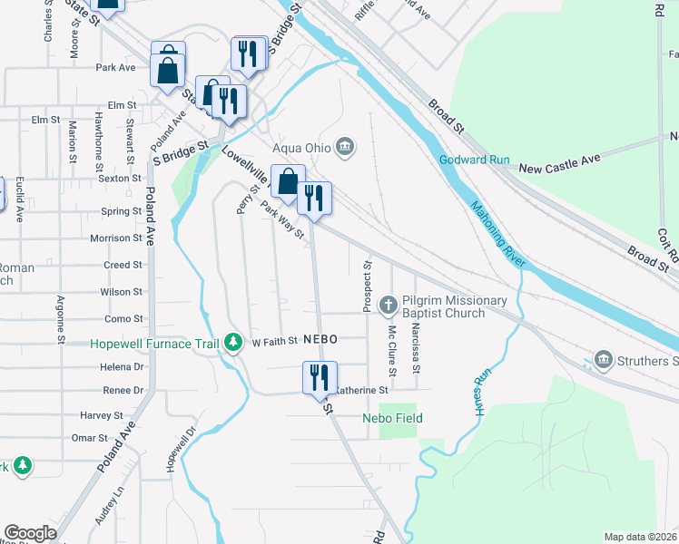 map of restaurants, bars, coffee shops, grocery stores, and more near 37 Grace St in Struthers